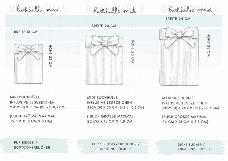 Größenübersicht handgemachte personalisierter Buchhülle aus Breitcord mit Schleife – Mini, Midi und Maxi Stoffhülle für Bücher, Kindle und Hardcover