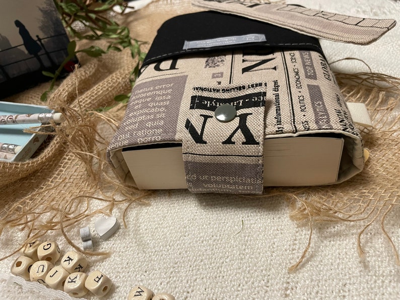 Book cover made of canvas fabric Padded book bag Newspaper look accessories Book cover including bookmark set bookmarker booksleeves image 2