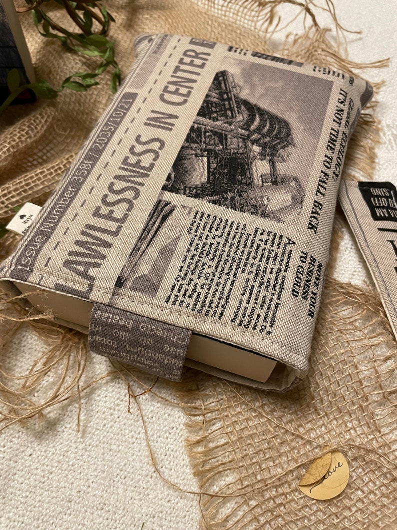 Book cover made of canvas fabric Padded book bag Newspaper look accessories Book cover including bookmark set bookmarker booksleeves image 4