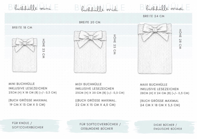 Größenübersicht handgemachte personalisierter Buchhülle aus Breitcord mit Schleife – Mini, Midi und Maxi Stoffhülle für Bücher, Kindle und Hardcover
