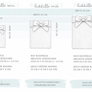 Größenübersicht der handgemachten Buchhüllen aus Cordstoff in Mini, Midi und Maxi mit Maßen für Kindle, Softcover, Hardcover und große Bücher inklusive personalisierter Cozy Book Sleeve Optionen