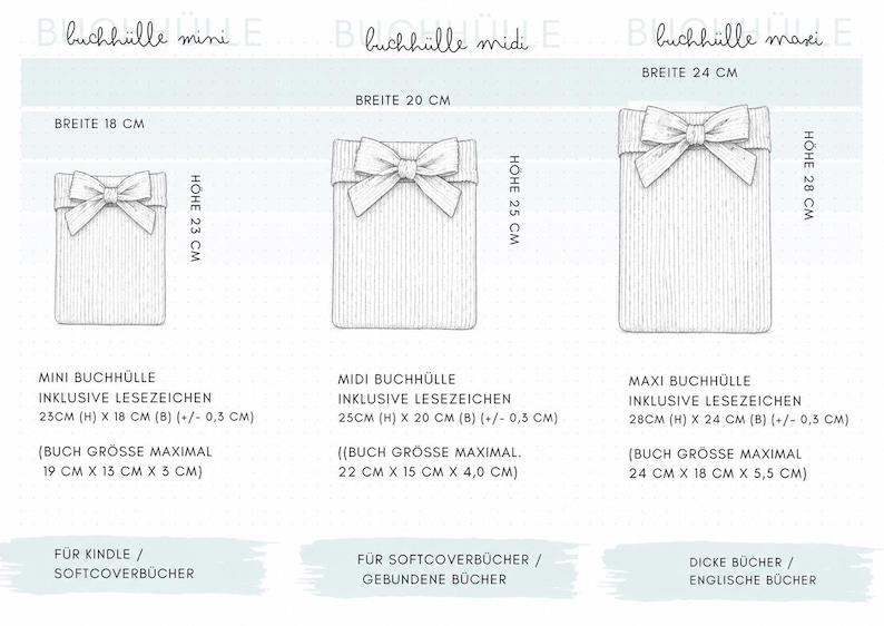 Größenübersicht der handgemachten Buchhüllen aus Cordstoff in Mini, Midi und Maxi mit Maßen für Kindle, Softcover, Hardcover und große Bücher inklusive personalisierter Cozy Book Sleeve Optionen