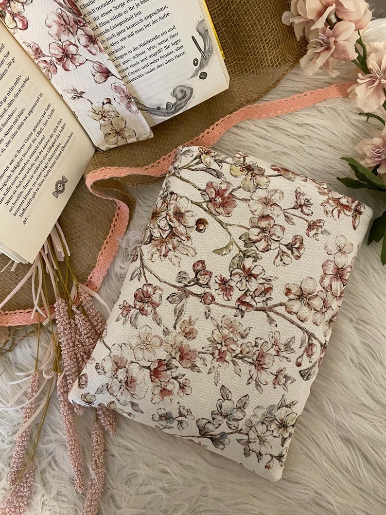 Book cover fabric book cover canvas book bag flowers gift book padded book bag Kindle cover bookmark cherry blossoms booksle image 4