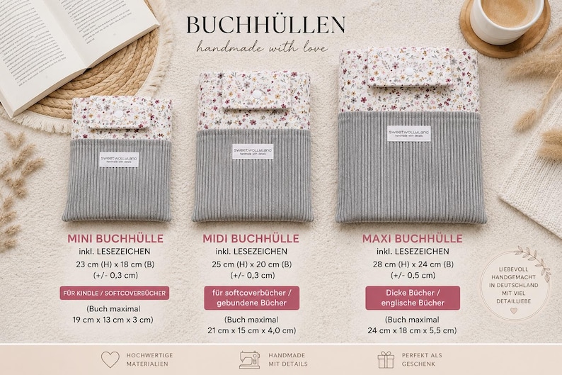 Drei Buchhüllen in den Größen Mini, Midi und Maxi aus grauem Cordstoff mit einer floral gemusterten Klappe und Druckknopfverschluss. Jede Hülle hat ein weißes Etikett mit der Aufschrift SWEETWOLLLUST. Die Maße sind in Zentimetern angegeben.