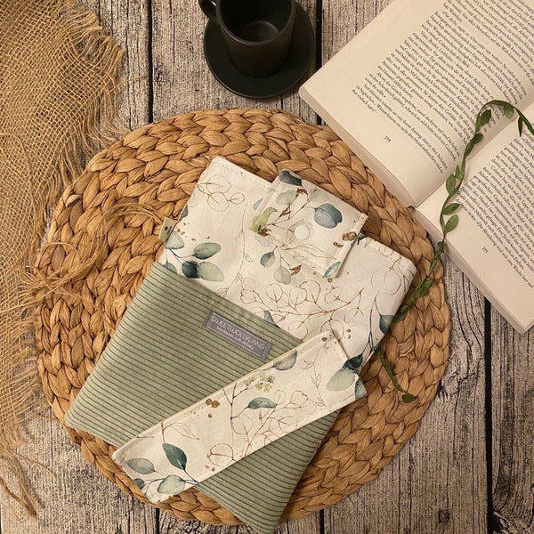 Buchhülle Stoff Bücherhülle  Canvas • Buchtasche Blumen Geschenk Buch gepolstert Büchertasche • Kidle Hülle Lesezeichen Eukalyptus Booksleev