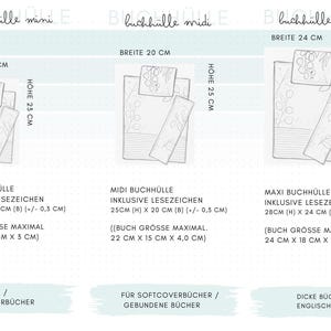 Größenübersicht handgemachte personalisierter Buchhülle mit Cord und Lesezeichen, Mini, Midi und Maxi Stoffhülle für Bücher, Kindle und Hardcover