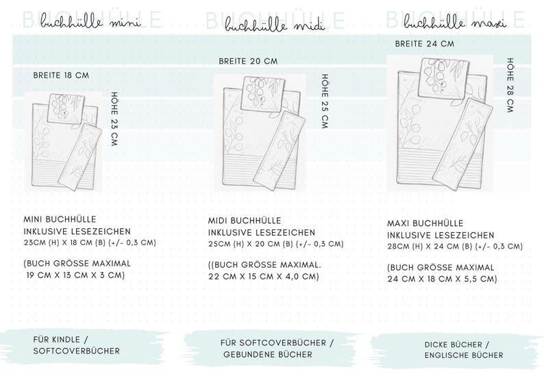 Größenübersicht handgemachte personalisierter Buchhülle mit Cord und Lesezeichen, Mini, Midi und Maxi Stoffhülle für Bücher, Kindle und Hardcover