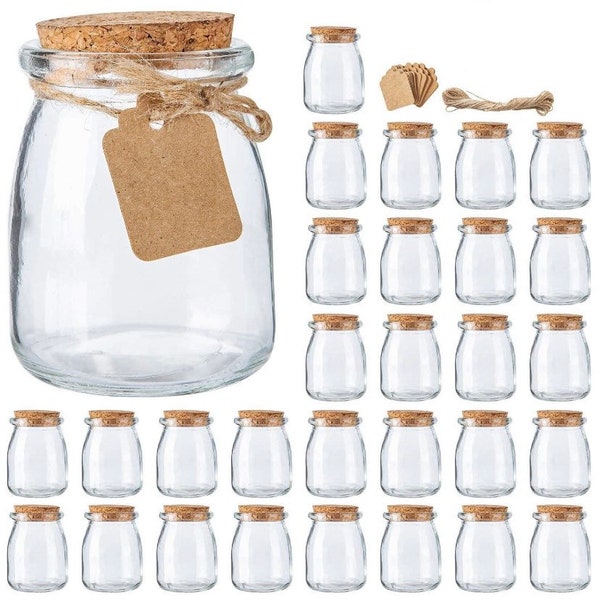 7 oz Glass Favor Jars with Cork Lids, Glass Containers with Lids, Mason Jar Wedding Favors, Honey Pot with Label Tags and String