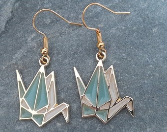 Origami crane earrings, Hypoallergenic, Enamel earrings