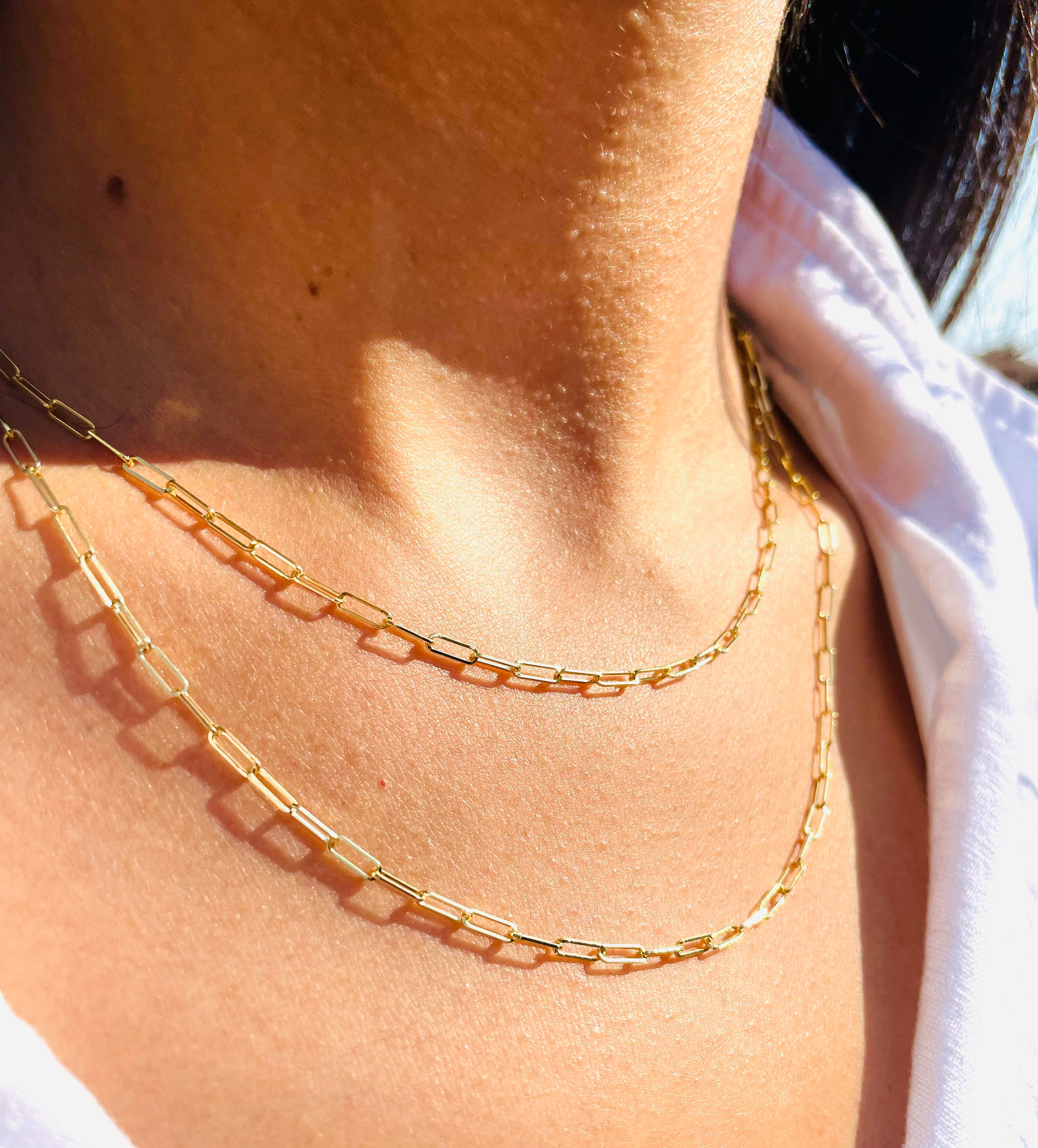 Solid 14k Gold Paperclip Necklace Real 14K Gold Dainty Etsy