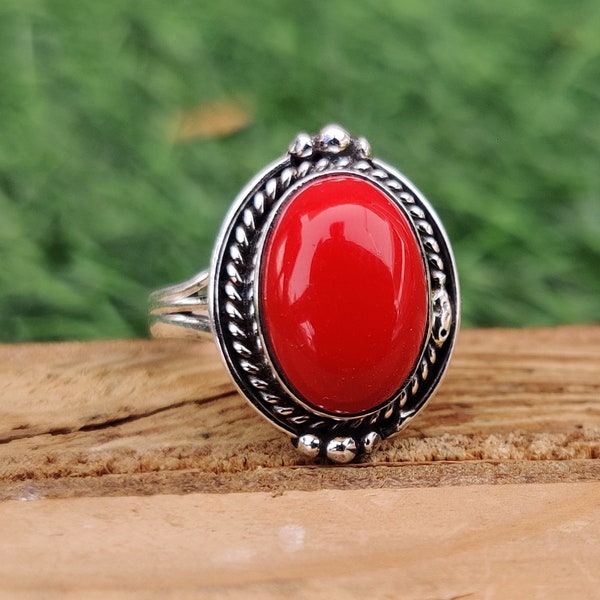 Genuine Red Coral Ring, 925 Sterling Silver Ring, Handmade Ring, Coral Jewelry, Meditation Indian jewelry Ring, Christmas Ring,