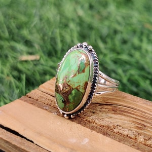 Green Copper Turquoise 925 Sterling Solid Silver Handmade Ring, Boho Designer Oval Shape Green Stone Turquoise Jewelry Ring, Gift For Mother
