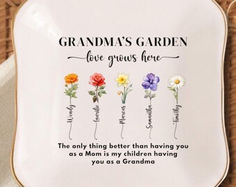 Personalized Grandma Birth Flower Jewelry Dish,Grandkids Names,Grandma Gift,Trinket Tray,Grandma Ceramic Ring Dish,Jewelry Tray