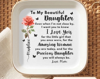 To My Daughter From Mom,Dad,Sentimental Gift,Personalized Birth Flower Jewelry Dish,Daughter Gift,Trinket Tray,Ceramic Ring Dish,Birthday