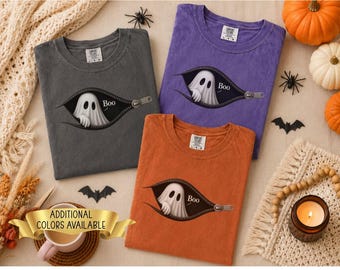 Comfort Colors Halloween Zipper Ghost Shirt,Boo Shirt,Halloween Gift,Spooky Season Tee,Halloween Party Tee,Cute Ghost Shirt