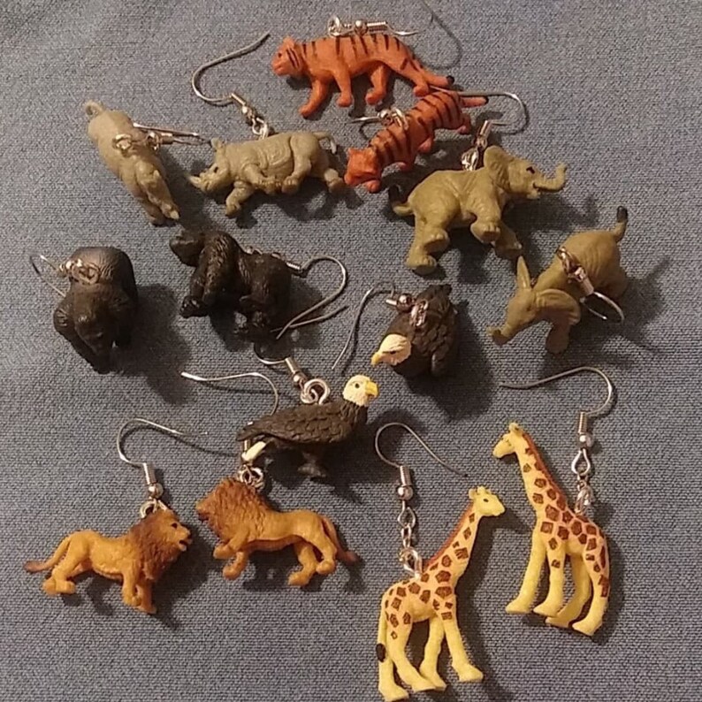 Rhino Lion Elephant Gorilla Giraffe Eagle Tiny Cute Rubber Animal Dangly Earrings |Safari| Tiger