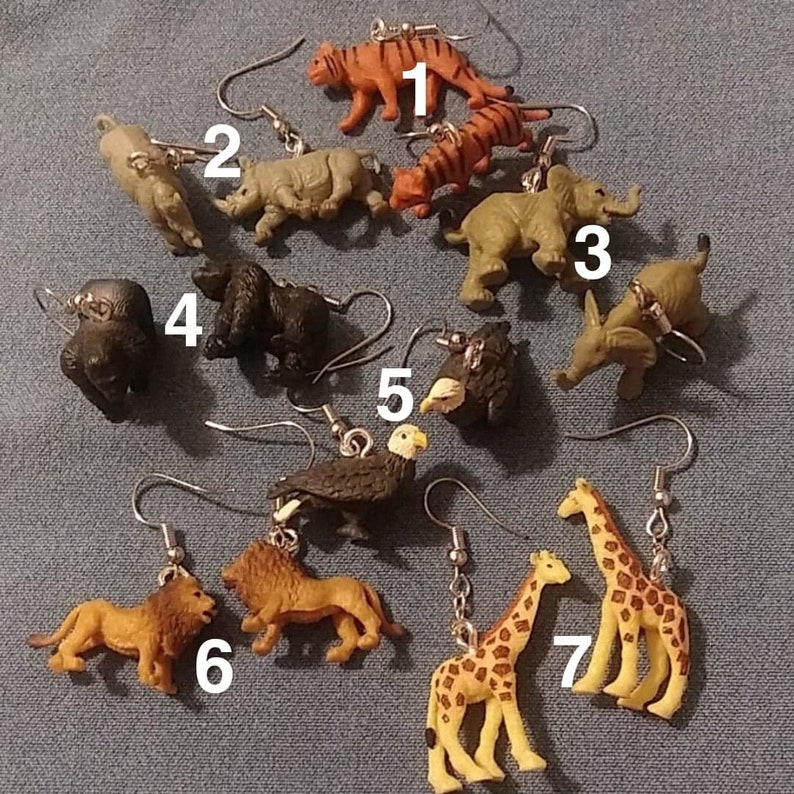 Rhino Lion Elephant Gorilla Giraffe Eagle Tiny Cute Rubber Animal Dangly Earrings |Safari| Tiger