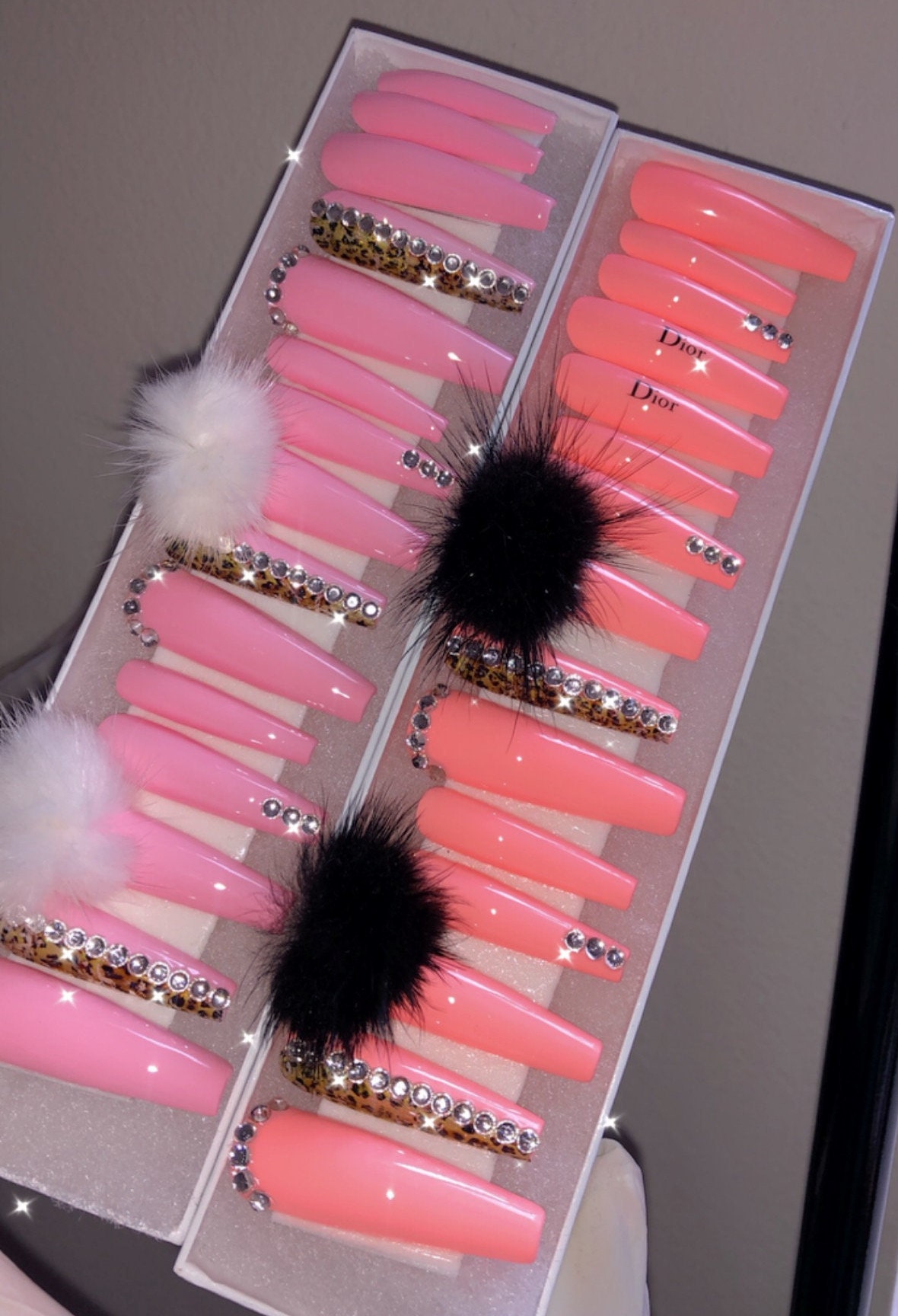 XL Press On Nails Fancy Luxury Nails With Fur Ball Etsy