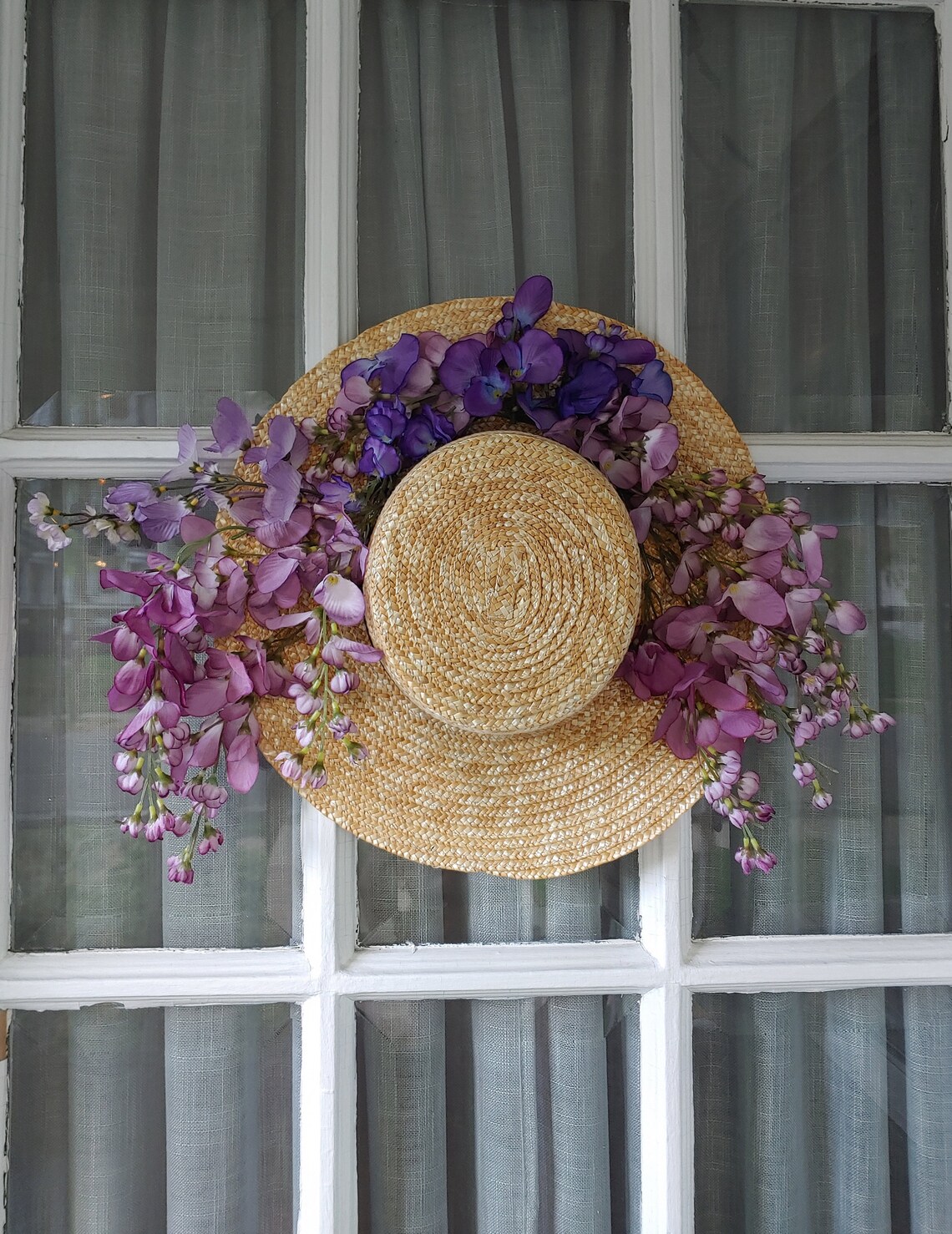 Floral Straw Hat Wreath Flower Door Hanging Summer Spring Etsy