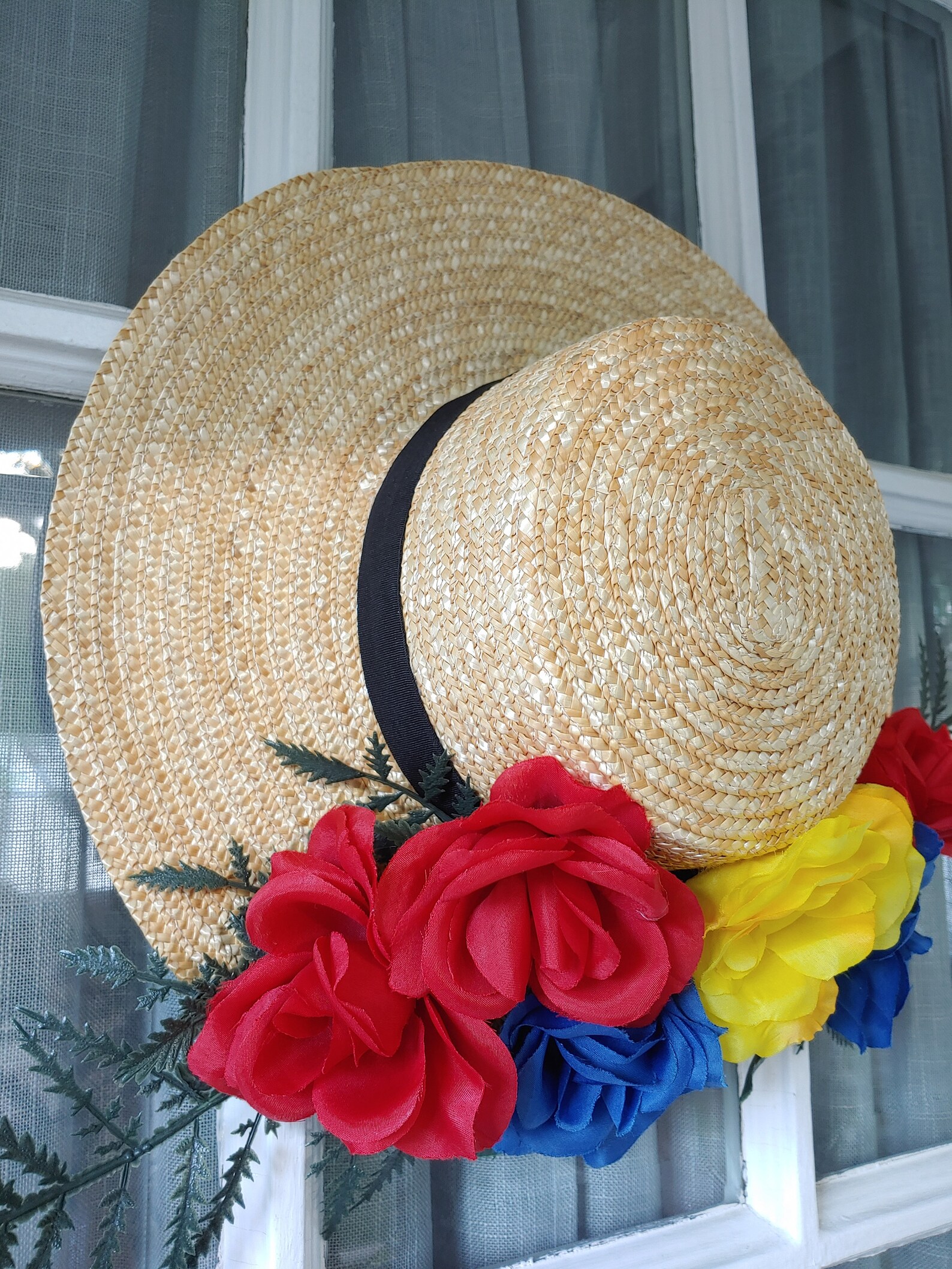 Floral Straw Hat Wreath Flower Door Hanging Summer Spring Etsy