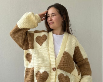 Brown Hearts Cardigan patchwork crochet tejido a mano