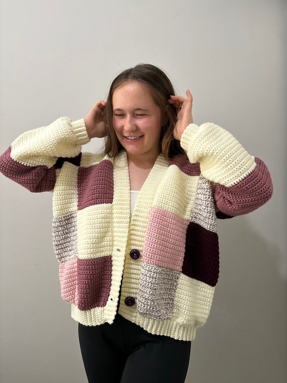 Patchwork Pink Cardigan Crochet Handknit - Etsy