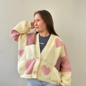 Pink Hearts Cardigan crochet patchwork handknit zdjęcie 1