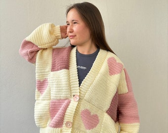 Pink Hearts Cardigan crochet patchwork handknit