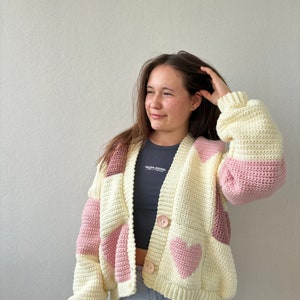 Pink Hearts Cardigan crochet patchwork handknit zdjęcie 5