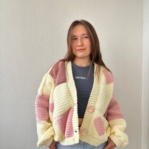 Pink Hearts Cardigan crochet patchwork handknit image 3