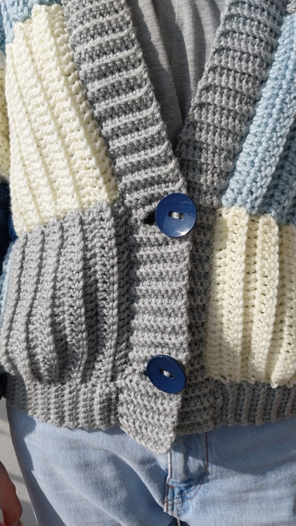 PATCHWORK HANDKNIT CARDIGAN Light-blue Dark-blue Off-white PATCHWORK HANDKNIT CARDIGAN Light-blue Dark-blue Off-white