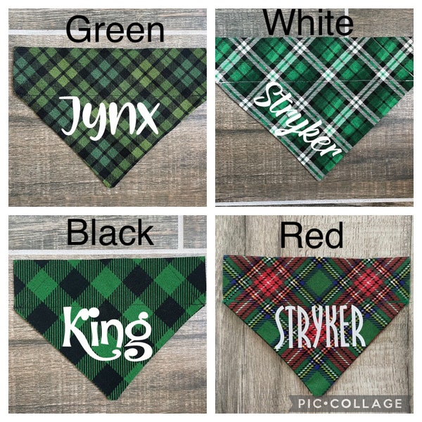 Green Plaid Personalized Dog Bandana (Over the Collar) Christmas, Custom Bandana, Cat Bandana, Slip on Bandana, Dog Scarf, Leash, Gift