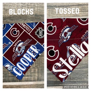 May include: Two red and blue fabric bandanas with the Colorado Avalanche logo and the words "BLOCKS" and "TOSSED" printed on them. The bandanas also have the words "COOPER" and "STELLA" printed on them.