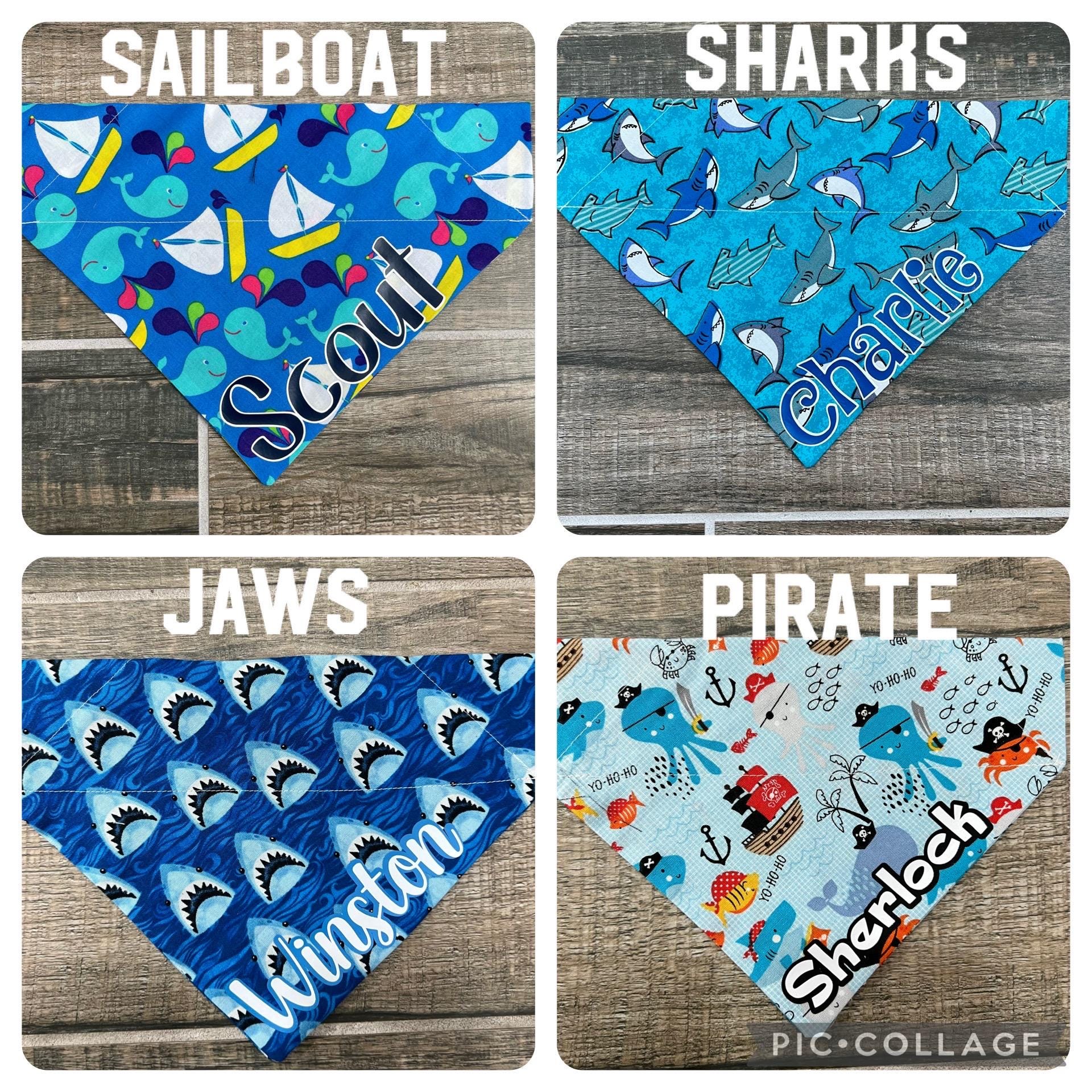 Sharks, Whales, Personalized Dog Bandana (Over the Collar) Jaws, Blue, Custom Bandana, Cat Bandana, Slip on Bandana, Dog Scarf, Leash, Gift