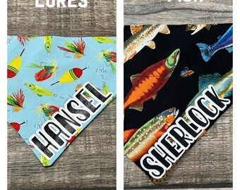 Fishing Personalized Dog Bandana, (Over the Collar) Camping, Hunting, Custom Bandana, Cat Bandana, Slip on Bandana, Dog Scarf, Leash, Gift
