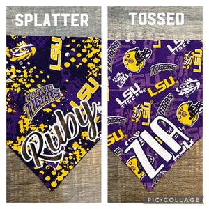 Tigers Personalized Dog Bandana (Over the Collar) LSU, Custom Bandana, Cat Bandana, Slip on Bandana, Dog Scarf, Leash, Gift