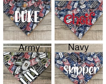 Military Dog Tag Personalized Dog Bandana, Patriotic (Over the Collar) Custom Bandana, Cat Bandana, Slip on Bandana, Dog Scarf, Leash, Gift