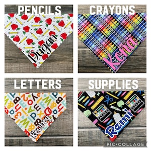 Teacher, Pencil, Paper, Crayon, Personalized Dog Bandana (Over the Collar) Custom Bandana, Cat Bandana, Slip on Bandana, Scarf, Leash, Gift