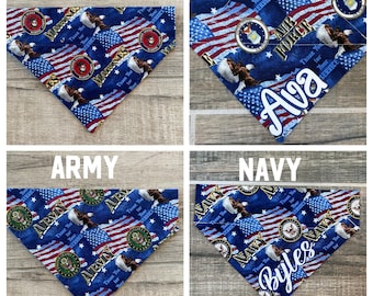 Military Flag Personalized Dog Bandana, (Over the Collar) Patriotic, Custom Bandana, Cat Bandana, Slip on Bandana, Dog Scarf, Leash, Gift