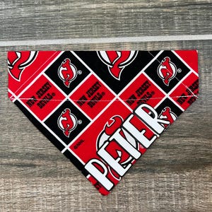 NJ Devils Personalized Dog Bandana (Over the Collar) Hockey, Custom Bandana, Cat Bandana, Slip on Bandana, Dog Scarf, Leash, Gift