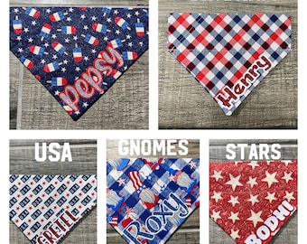 USA, Stars, Gnome Personalized Dog Bandana, Patriotic (Over the Collar) Custom Bandana, Cat Bandana, Slip on Bandana, Dog Scarf, Leash, Gift