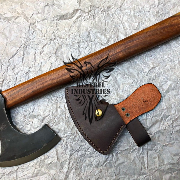 Smith Custom Forged Carbon Steel Viking Axe with Rose Wood Shaft, Camping Axe, Nordic Axe, Battle Axe, Handmade Axe, Gift Axe, Grooms Axe