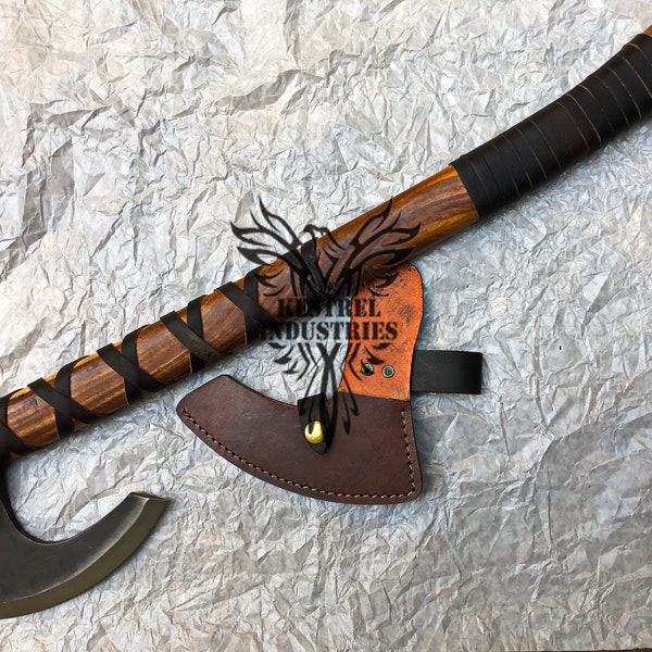 Nordic Custom Forged Carbon Steel Viking Axe with Rose Wood Shaft, Camping Axe, Ragnar's Axe, Battle Axe, Handmade Axe, Gift Axe, Grooms Axe