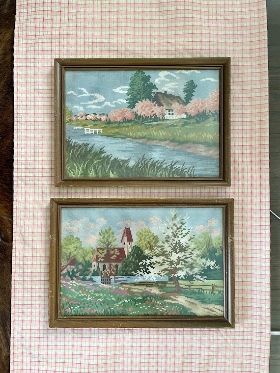 Pair of Vintage Needlepoint Framed Wall Art Grandmillennial Etsy