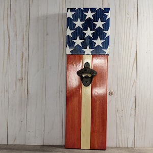 Rustic Patriotic Bottle Opener - Handmade Cast Iron Wall Mount with USA Flag Design - Perfect for 4th of July Parties and Independence Day