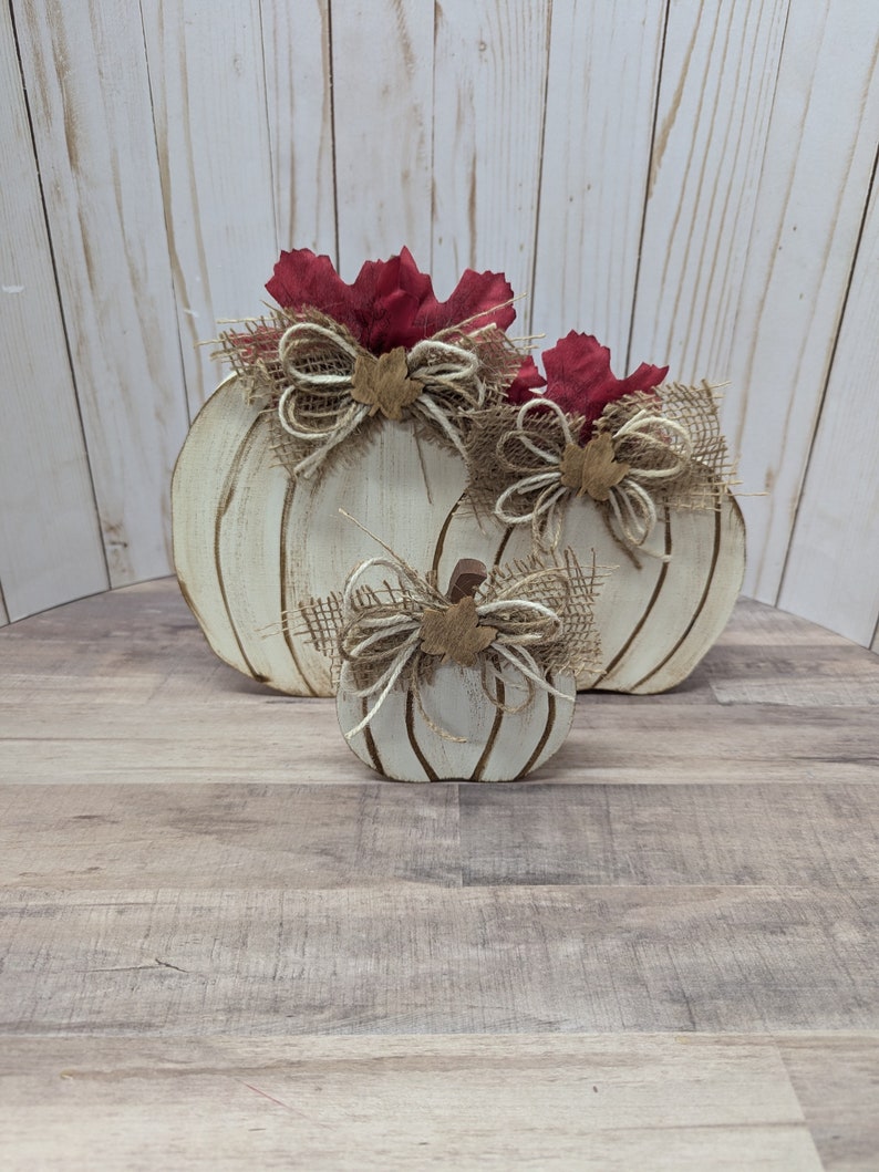 Rustic White Wooden Pumpkin Trio With Fall Accents | Two Piece ...
