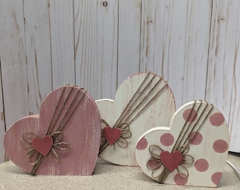 Hand-Painted Rustic Heart Decor Trio: Shelf Sitter Wooden Hearts with Twine - Perfect for a Romantic Farmhouse Touch!