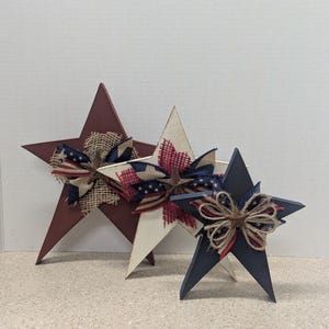 Handmade Rustic Americana Star Set – 3-Piece Patriotic Wood Stars with Burlap & Wood Accents – Red, White, Blue