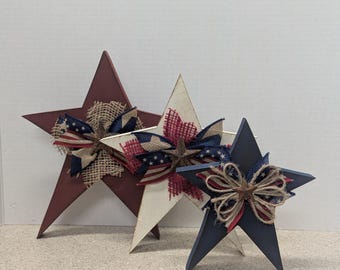 Handmade Rustic Americana Star Set – 3-Piece Patriotic Wood Stars with Burlap & Wood Accents – Red, White, Blue