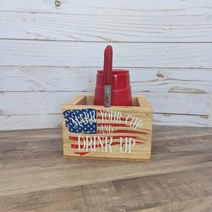 American Flag Drink Up and Mark Your Cup Wooden Organizer will Organize Your Party Cups - Perfect 4th of July Decor and Americana Touch
